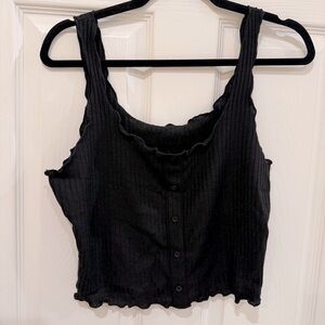 Black Rib-Knit Lettuce Trim Cropped Tank with Faux Button Details NWOT